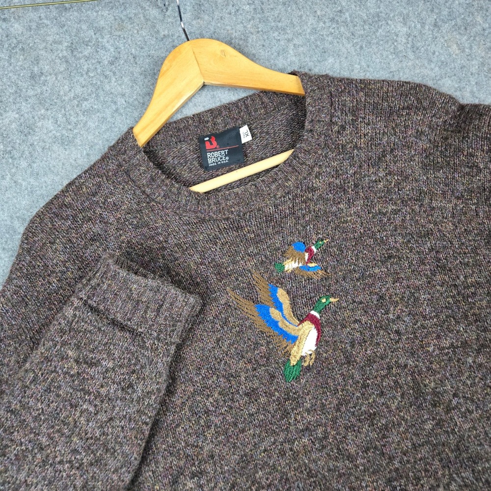Vtg Robert Bruce Sweater Mens XL Tall Brown Mallard Duck Nature Embroidered USA